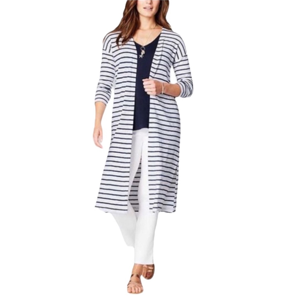 J Jill Navy Striped Duster Cardigan With Pockets